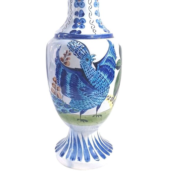 Vintage 15"  Hand-Painted Signed Tonala Mexico Pottery Vase With Peacock - Picture 6 of 12